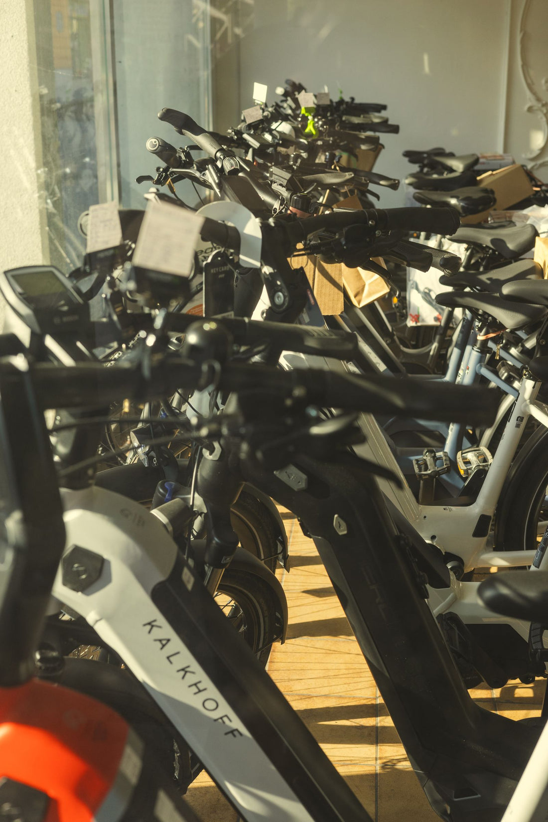 Several electric bikes lined up for sale inside a sunlit bike shop