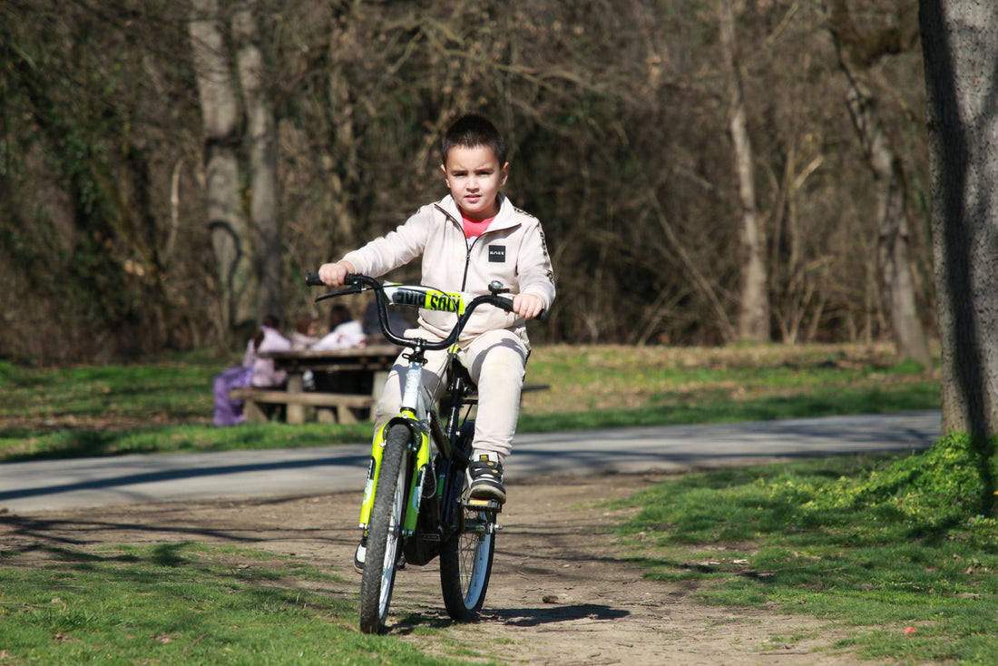 Young boy riding a small bike through a sunny park